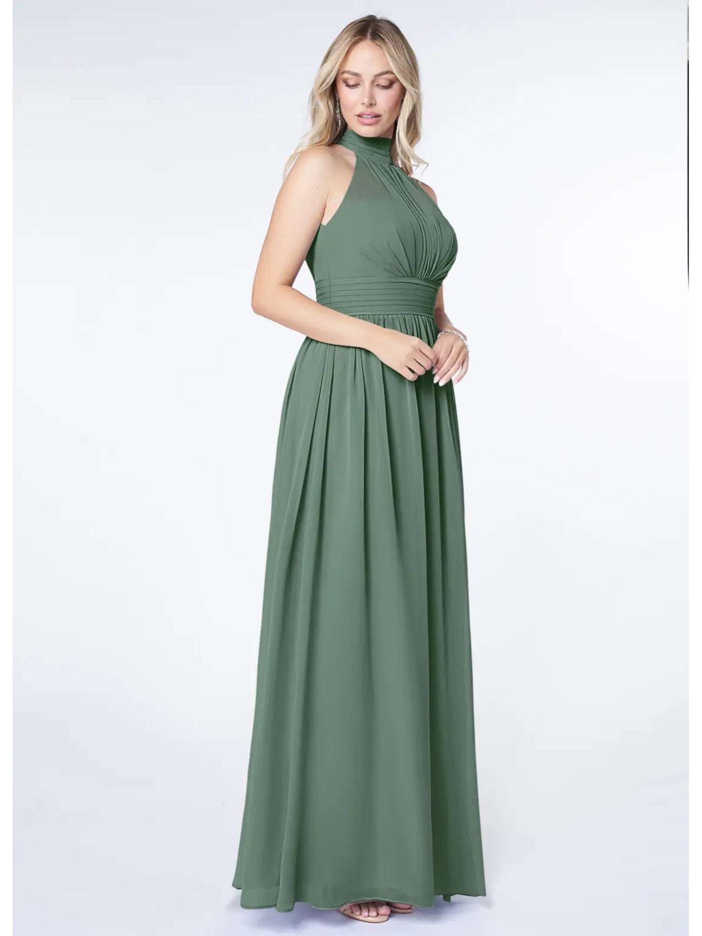 AZAZIE Womens Green Ruched Zippered Pleated Tie Back-neck Lined Sleeveless Halter Full-Length Evening Fit + Flare Dress 16