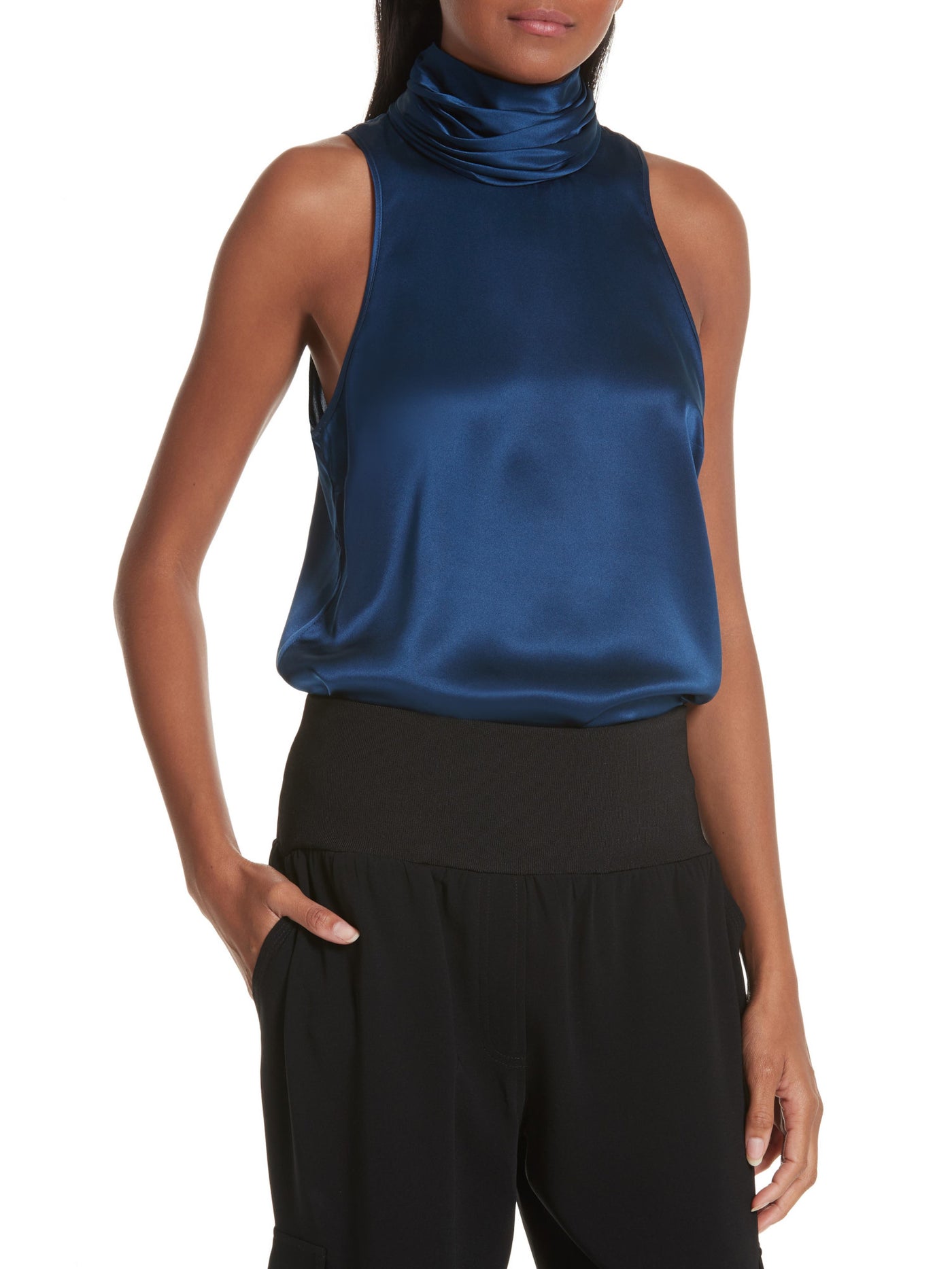 CINQ A SEPT Womens Blue Pleated Keyhole Back Curved Hem Sleeveless Turtle Neck Top XS