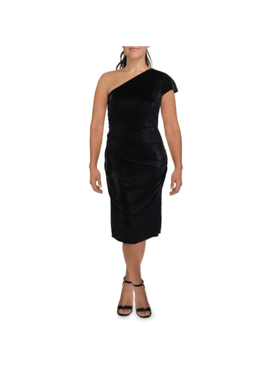 RENE RUIZ COLLECTION Womens Black Metallic Zippered Ruched Lined Short Sleeve Asymmetrical Neckline Midi Cocktail Sheath Dress 6