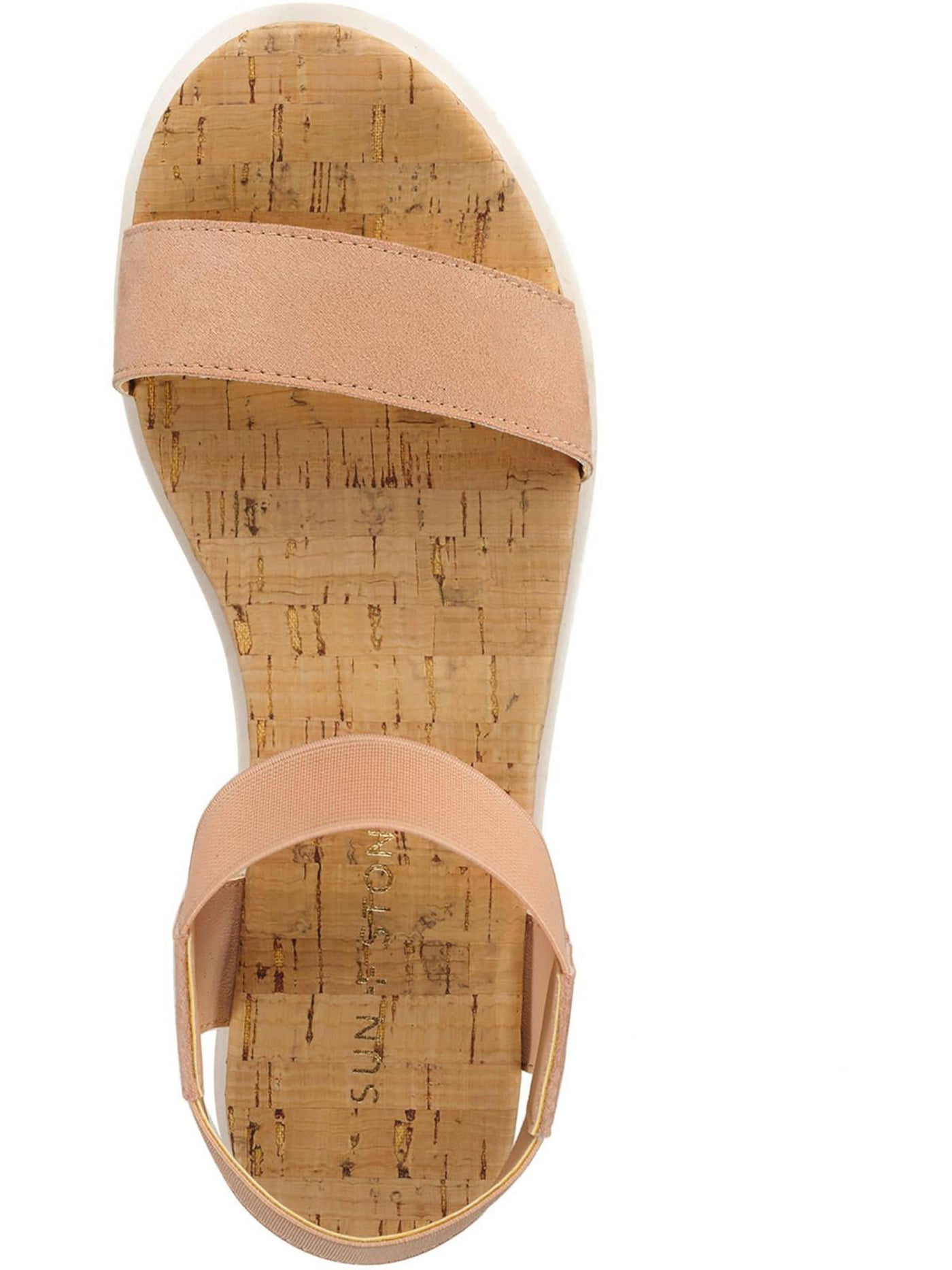 SUN STONE Womens Pink 1-1/2" Platform Stretch Strap Cork-Like Footbed Ankle Strap Slip Resistant Melanyy Round Toe Wedge Slip On Sandals Shoes 6.5 M