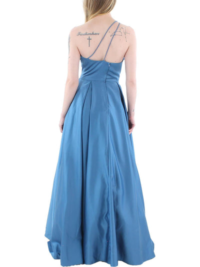 BLONDIE NITES Womens Blue Zippered Pocketed Pleated Lined Tulle Sleeveless Asymmetrical Neckline Full-Length Formal Gown Dress Juniors 5