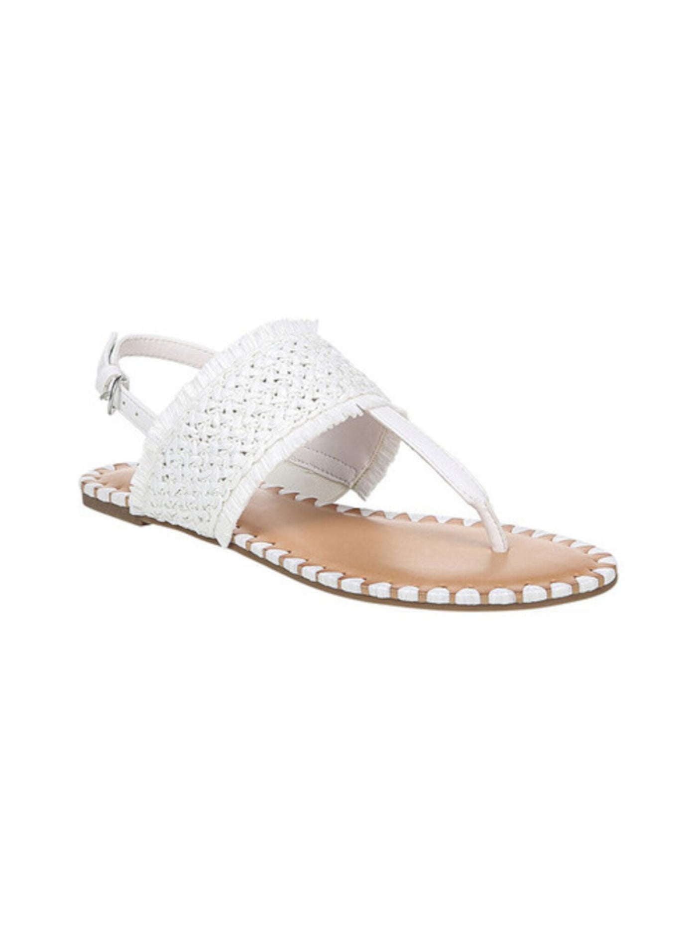 CARLOS BY CARLOS SANTANA Womens White Raffia Accents At Sole Edges Fringed Thong Sandal Adjustable Strap Woven Jayne Round Toe Block Heel Buckle Slingback Sandal 7.5 M