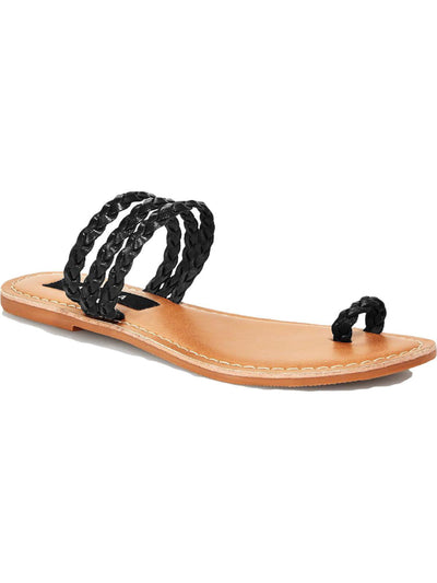 AQUA Womens Black Toe-Loop Cushioned Braided Slay Open Toe Slip On Leather Slide Sandals Shoes 8