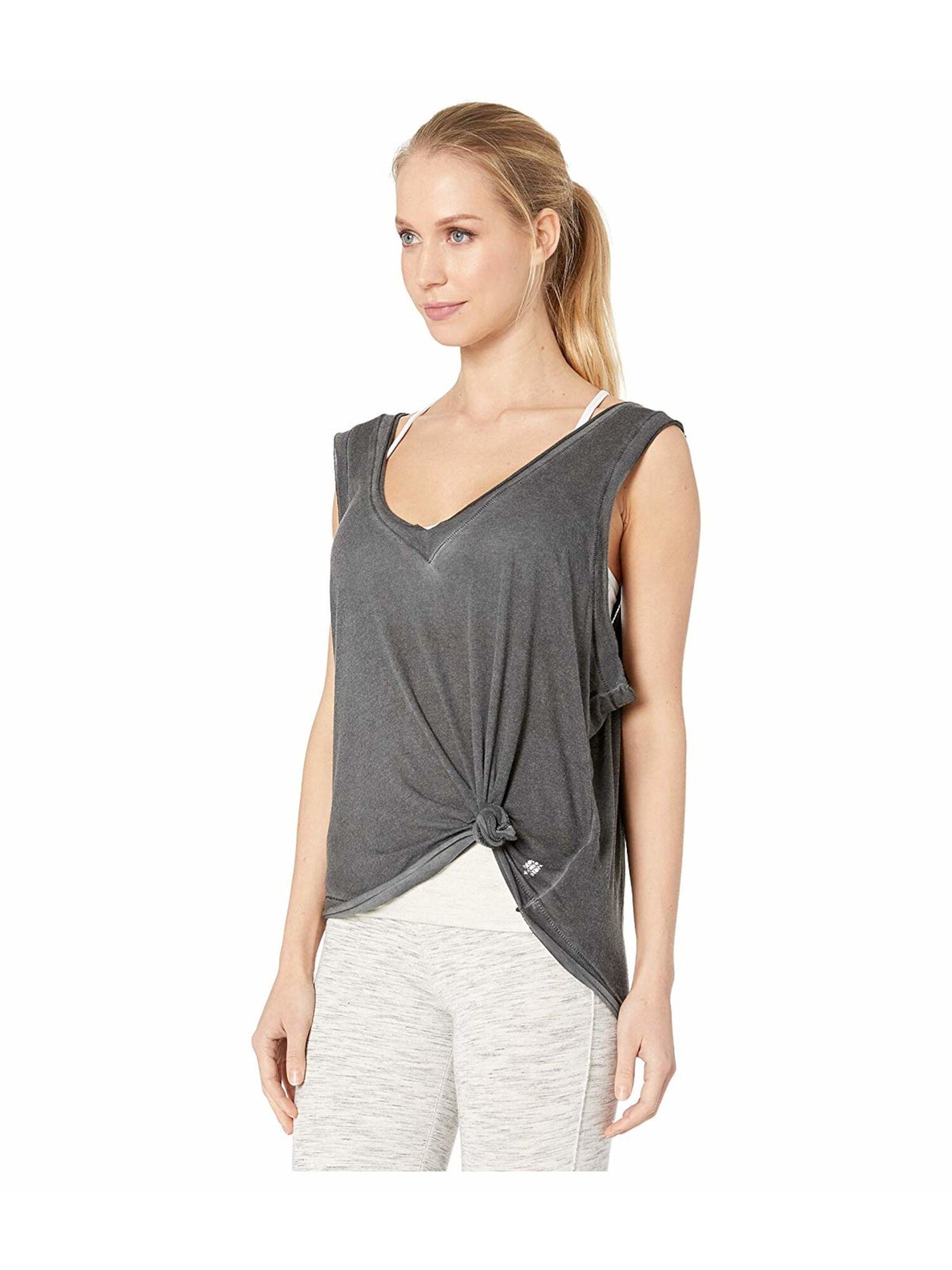 FP MOVEMENT Womens Gray Side Knot Sleeveless V Neck Tank Top XS