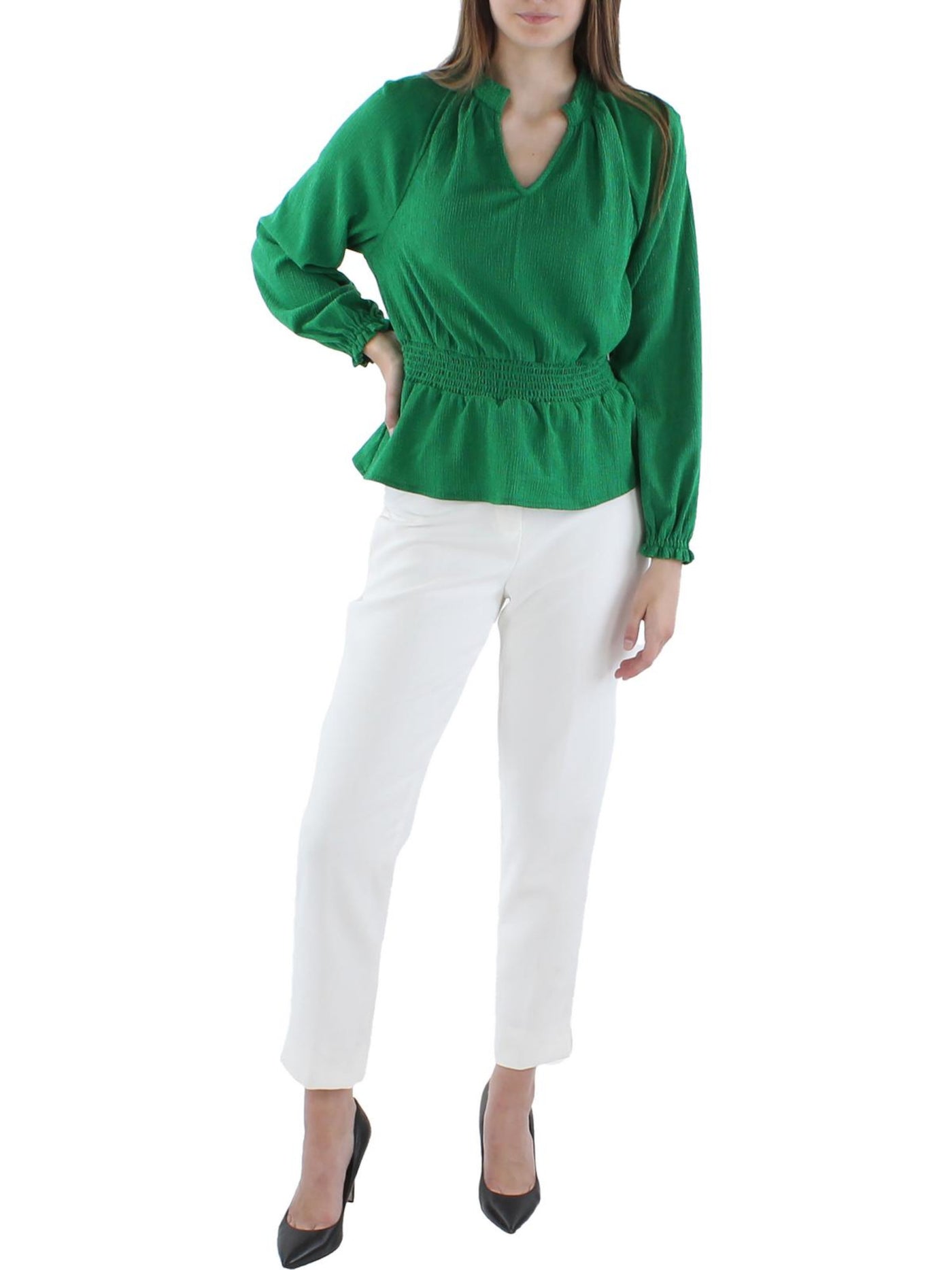 RILEY&RAE Womens Green Textured Smocked Peplum Hem Long Sleeve Split Top XS