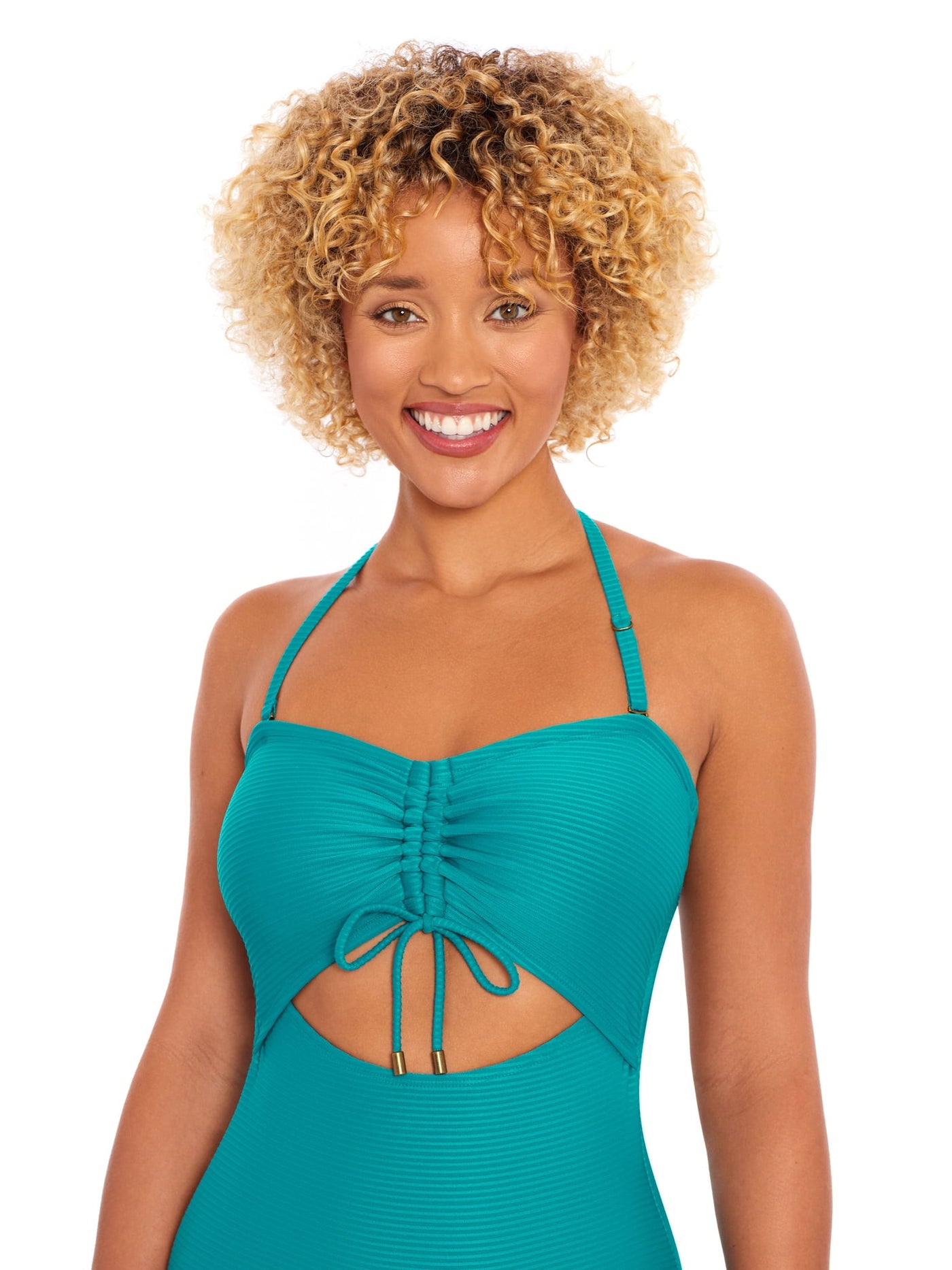 TIME AND TRUE Women's Blue Ribbed Cutout Ottoman Bandeau One Piece Swimsuit M