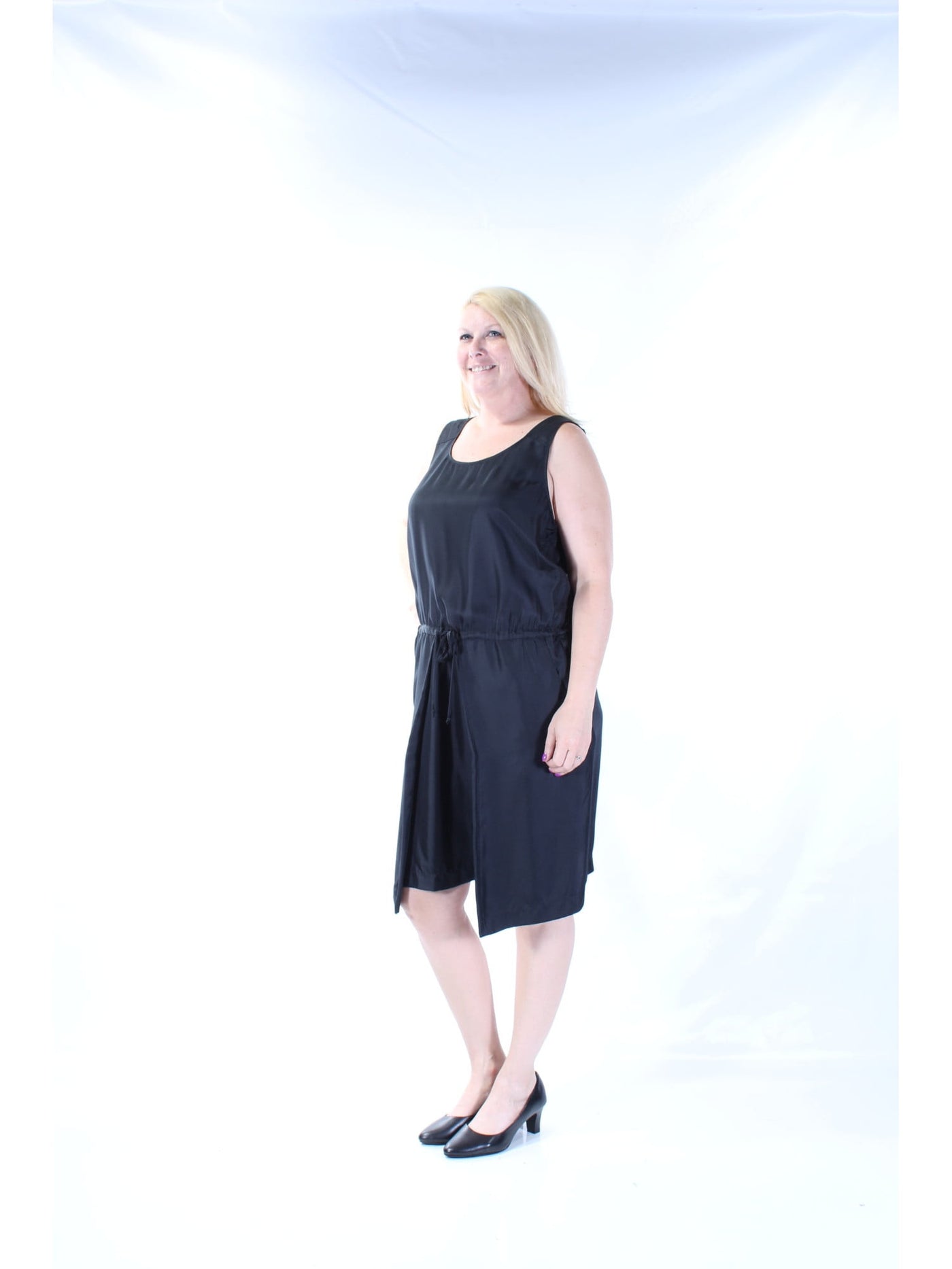 DKNY PURE Womens Black Tie Sleeveless Scoop Neck Below The Knee Blouson Dress S
