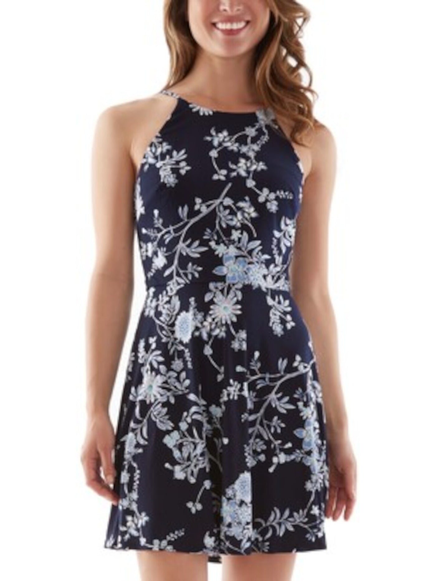 BCX DRESS Womens Navy Stretch Floral Sleeveless Halter Mini Party Fit + Flare Dress XL