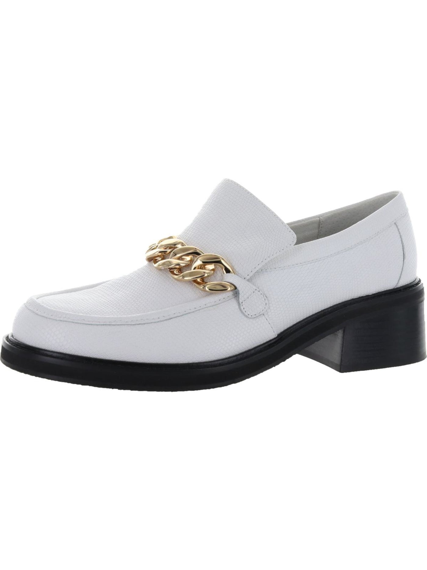 AQUA Womens White Lizard Embossed Chain Comfort Lena Round Toe Block Heel Slip On Leather Heeled Loafers 5