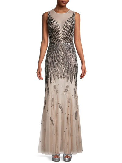 AIDAN AIDAN MATTOX Womens Beige Beaded Zippered Lined Sleeveless Illusion Neckline Full-Length Formal Mermaid Dress 4