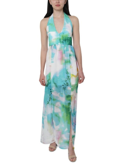 BEBE Womens Green Slitted Floral Sleeveless V Neck Full-Length Dress  4