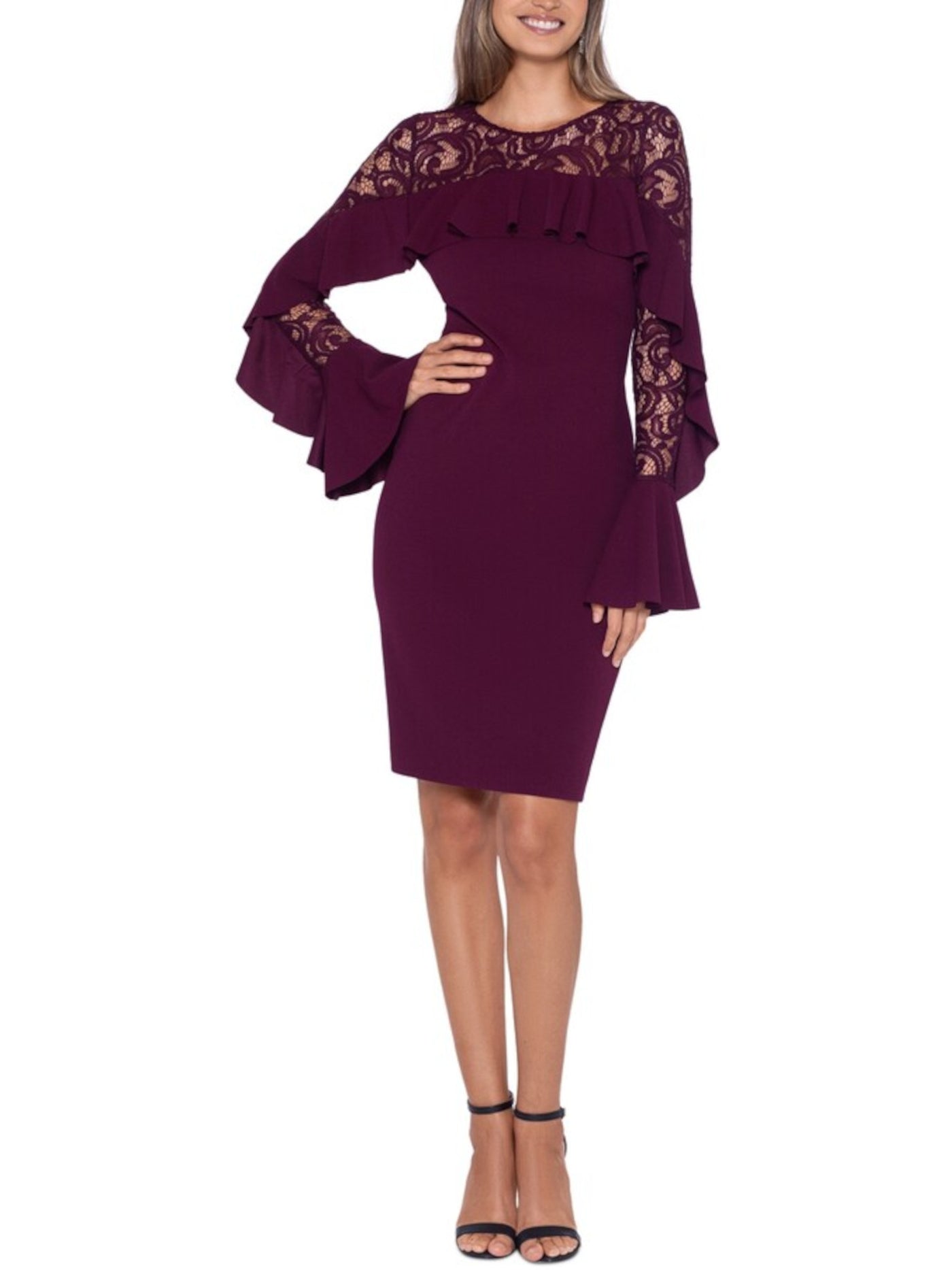 BETSY & ADAM Womens Burgundy Stretch Lace Ruffled Zippered Keyhole Back Bell Sleeve Jewel Neck Knee Length Cocktail Sheath Dress 4