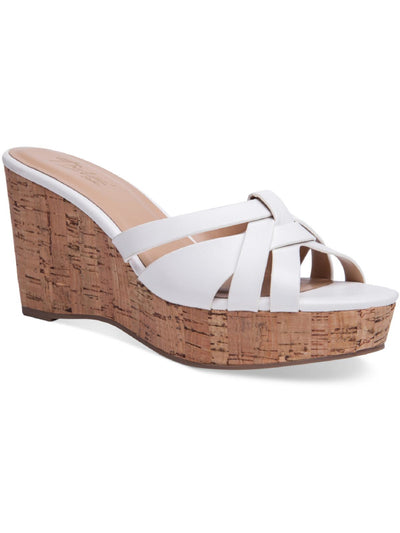 THALIA SODI Womens White 1/2" Platform Cork-Like Woven Crisscross Straps Cushioned Comfort Jaylen Round Toe Wedge Slip On Slide Sandals Shoes 9.5 M