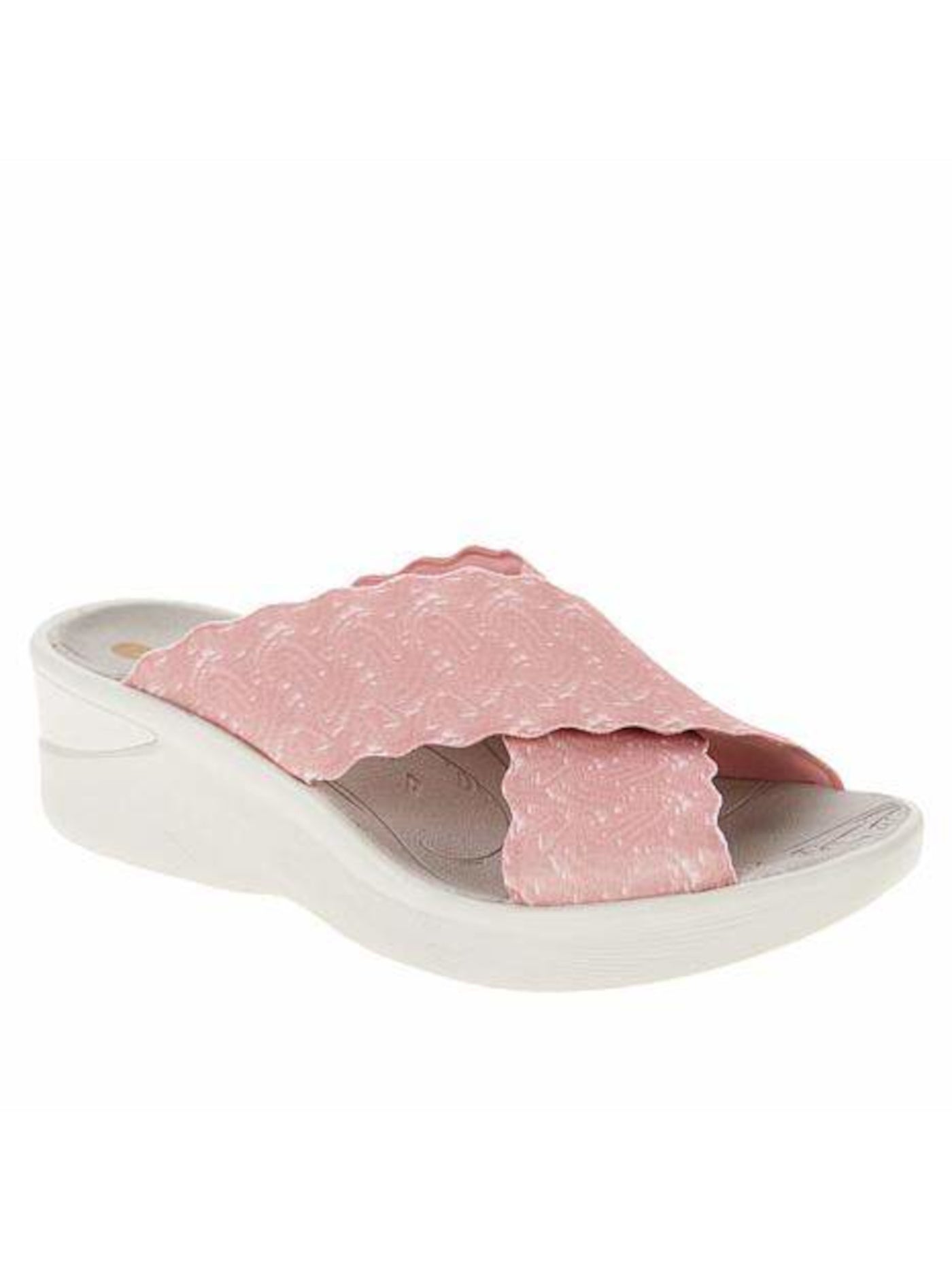 BZEES Womens Pink Crisscrossed Scalloped Straps 1/2" Platform Padded Comfort Sahara Round Toe Wedge Slip On Slide Sandals Shoes 9 M