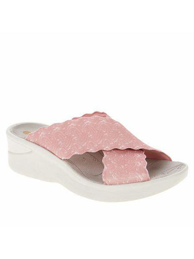 BZEES Womens Pink Crisscrossed Scalloped Straps 1/2" Platform Padded Comfort Sahara Round Toe Wedge Slip On Slide Sandals 9 M