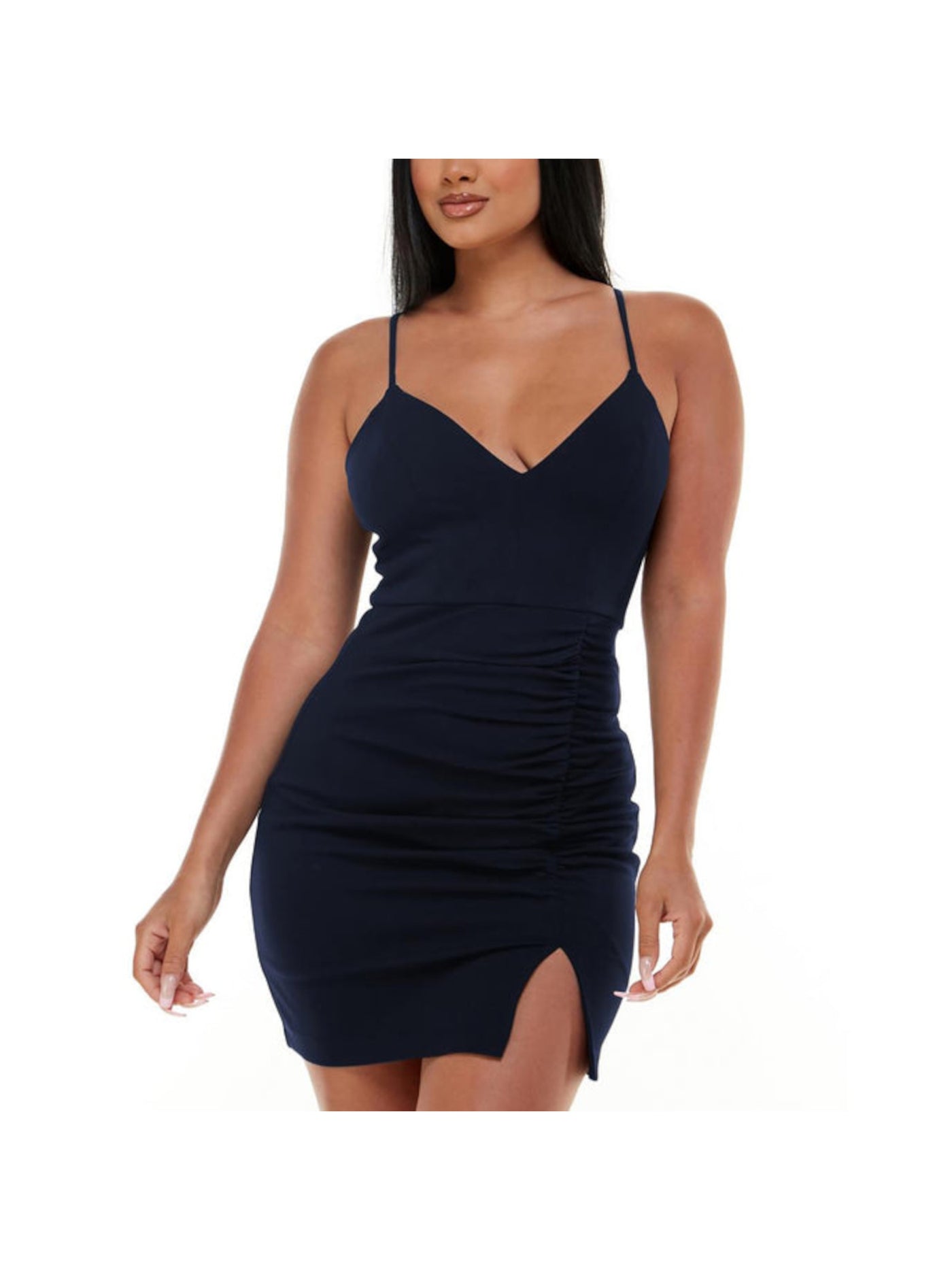 EMERALD SUNDAE Womens Navy Ruched Slitted Adjustable Zippered Lined Spaghetti Strap V Neck Mini Party Body Con Dress Juniors L