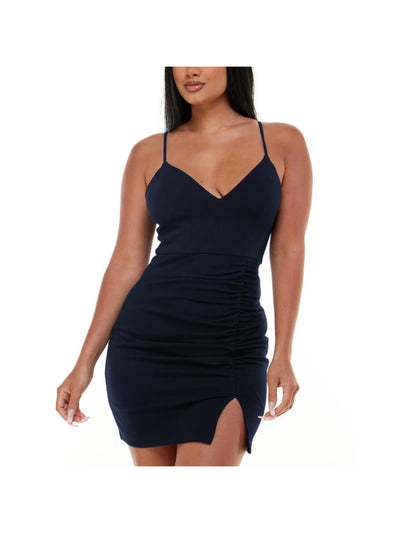 EMERALD SUNDAE Womens Navy Ruched Slitted Adjustable Zippered Lined Spaghetti Strap V Neck Mini Party Body Con Dress Juniors M