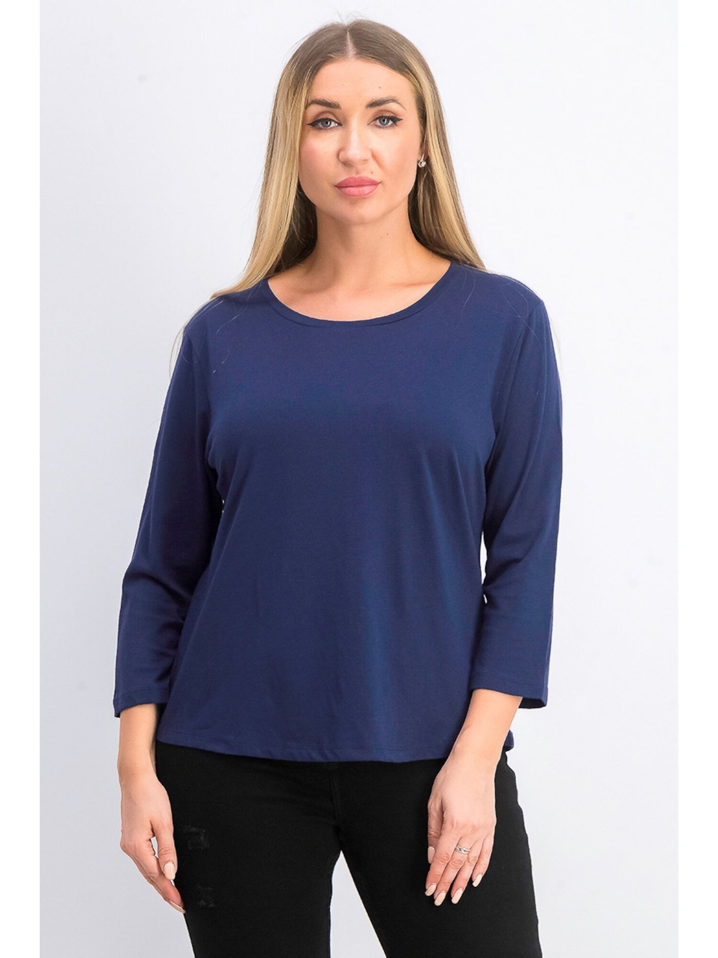 MAISON JULES Womens Navy Cotton Blend 3/4 Sleeve Crew Neck T-Shirt XS