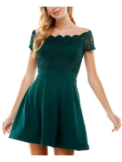 CITY STUDIO Womens Green Scalloped Pocketed Corset-laced Back Zippered Short Sleeve Off Shoulder Short Party Fit + Flare Dress Juniors 9\10