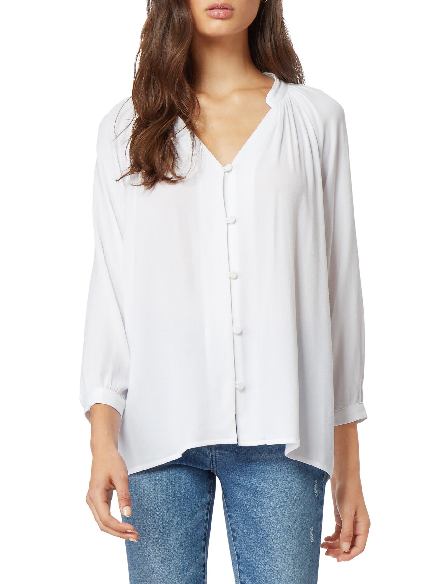 HABITUAL Womens White Ruched 3/4 Blouson Sleeves Split Button Up Top S
