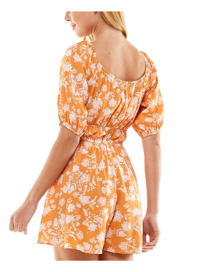 BEBOP Womens Orange Tie Unlined Elasticized Floral Elbow Sleeve Scoop Neck Wide Leg Romper Juniors S