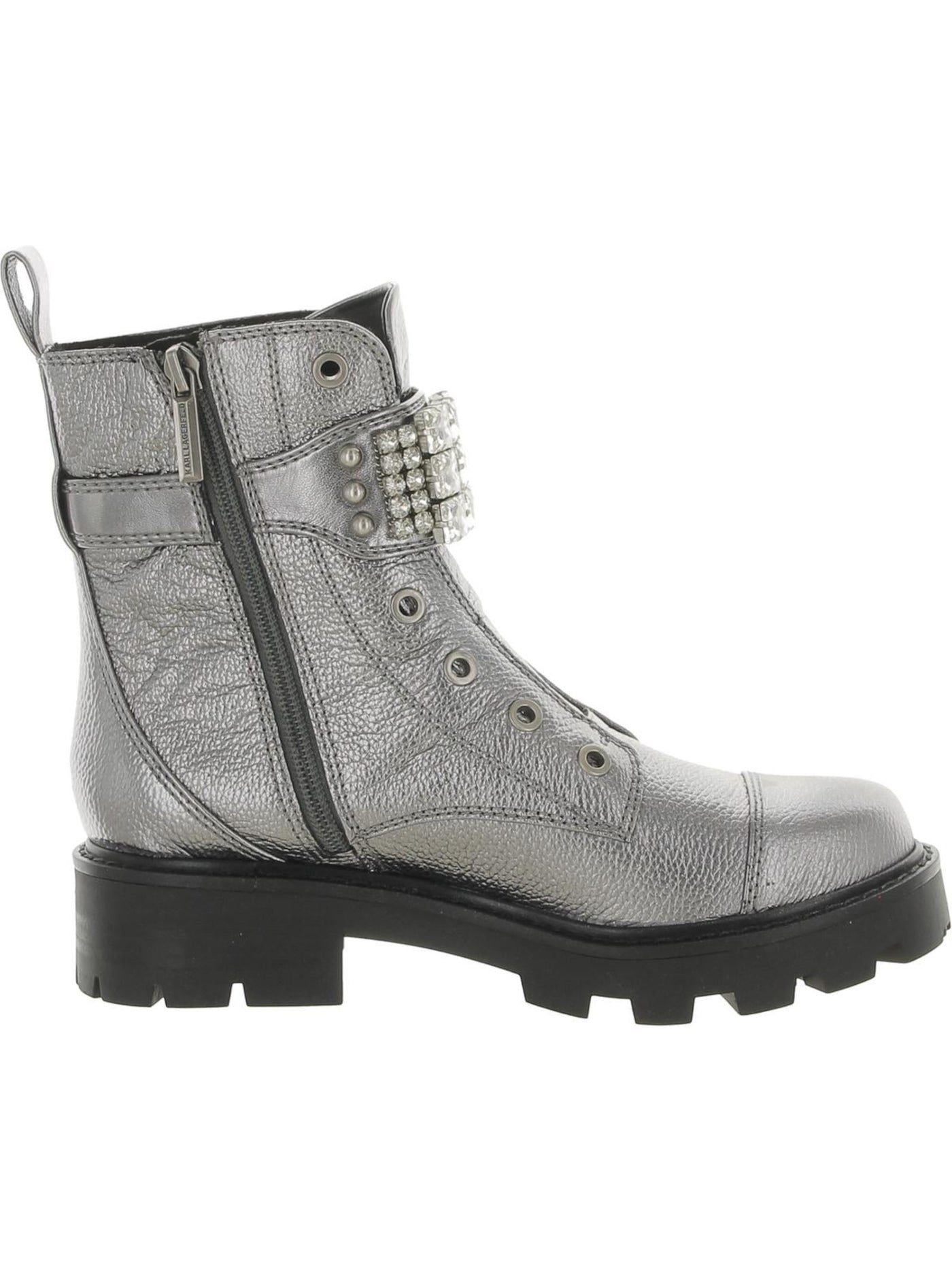 KARL LAGERFELD Womens Silver Metallic Lug Sole Padded Grommet Detail Pull Tab Buckle Accent Embellished Maeva Round Toe Block Heel Zip-Up Leather Combat Boots 11