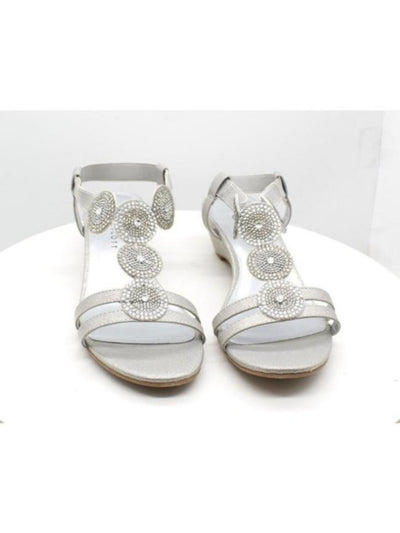 KAREN SCOTT Womens Silver Gladiator Inspired Rhinestone Medallion Accents Metallic Cushioned T-Strap Catrinaa Round Toe Wedge Slip On Dress Heeled Thong Sandals 9 M