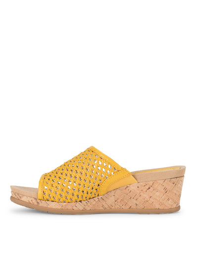 BARETRAPS Womens Yellow 1" Cork-Covered Platform Padded Woven Goring Flossey Open Toe Wedge Slip On Heeled Sandal 10 M