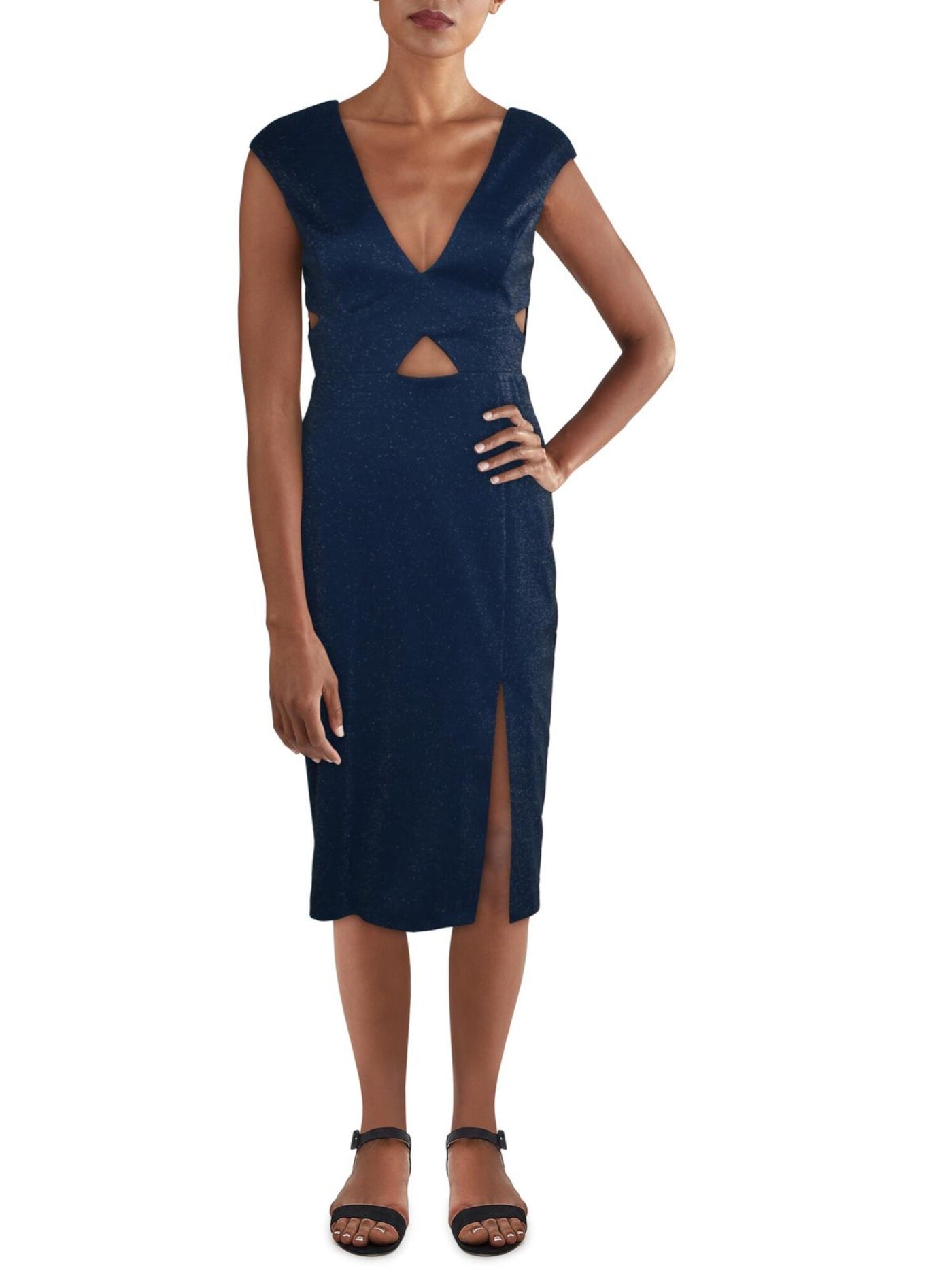 AIDAN AIDAN MATTOX Womens Navy Stretch Cut Out Zippered Front Side Slit Sleeveless V Neck Midi Cocktail Sheath Dress 0