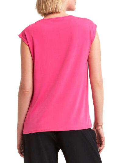 H HALSTON Womens Pink Unlined Button Detail Cap Sleeve Crew Neck Top S
