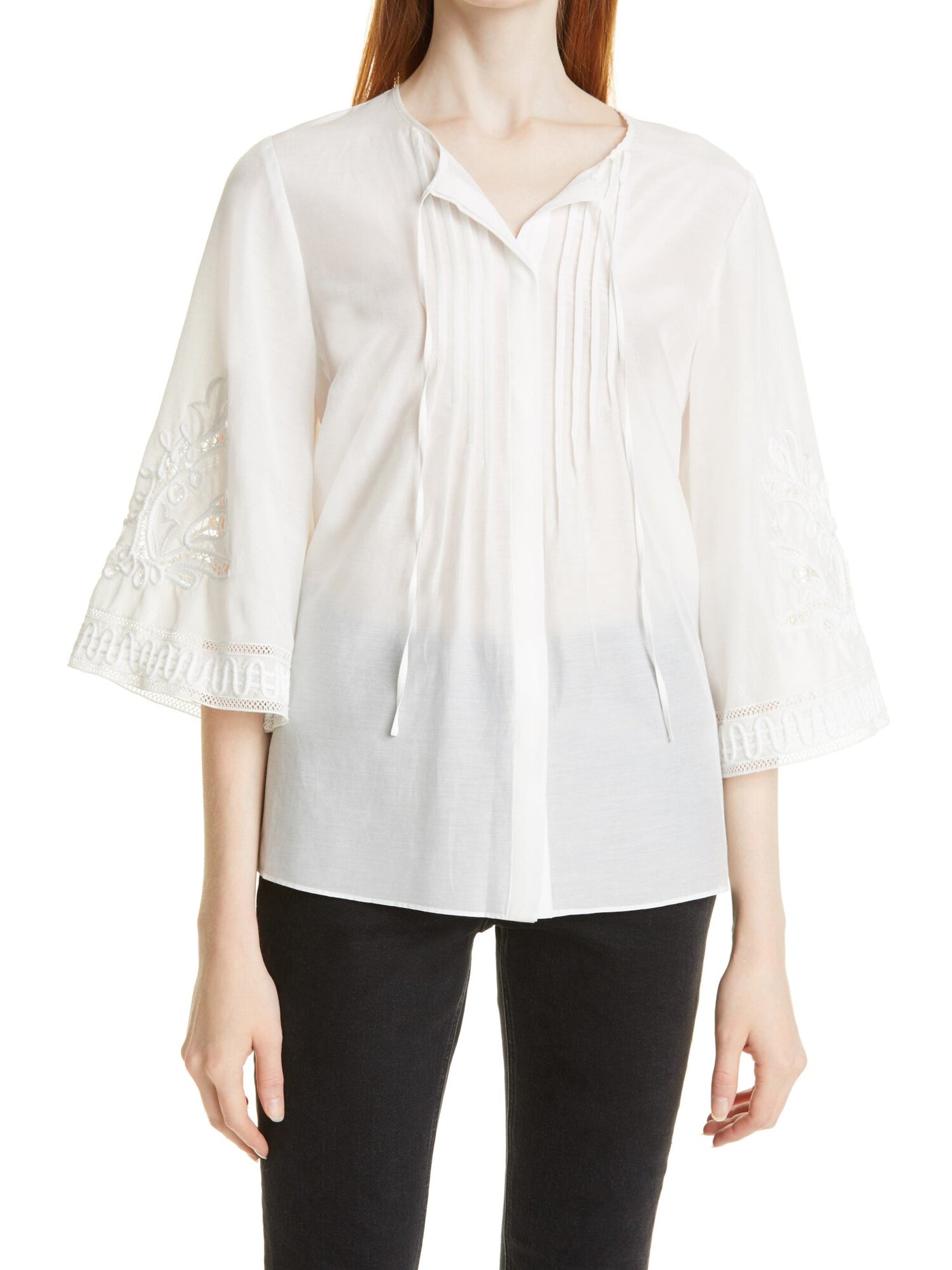 KOBI HALPERIN Womens White Embroidered Embellished 3/4 Bell Sleeves Pleated Tie Split Wear To Work Blouse M
