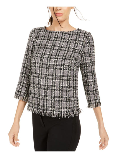 ANNE KLEIN Womens Black Plaid 3/4 Sleeve Jewel Neck Wear To Work Sweater XXS