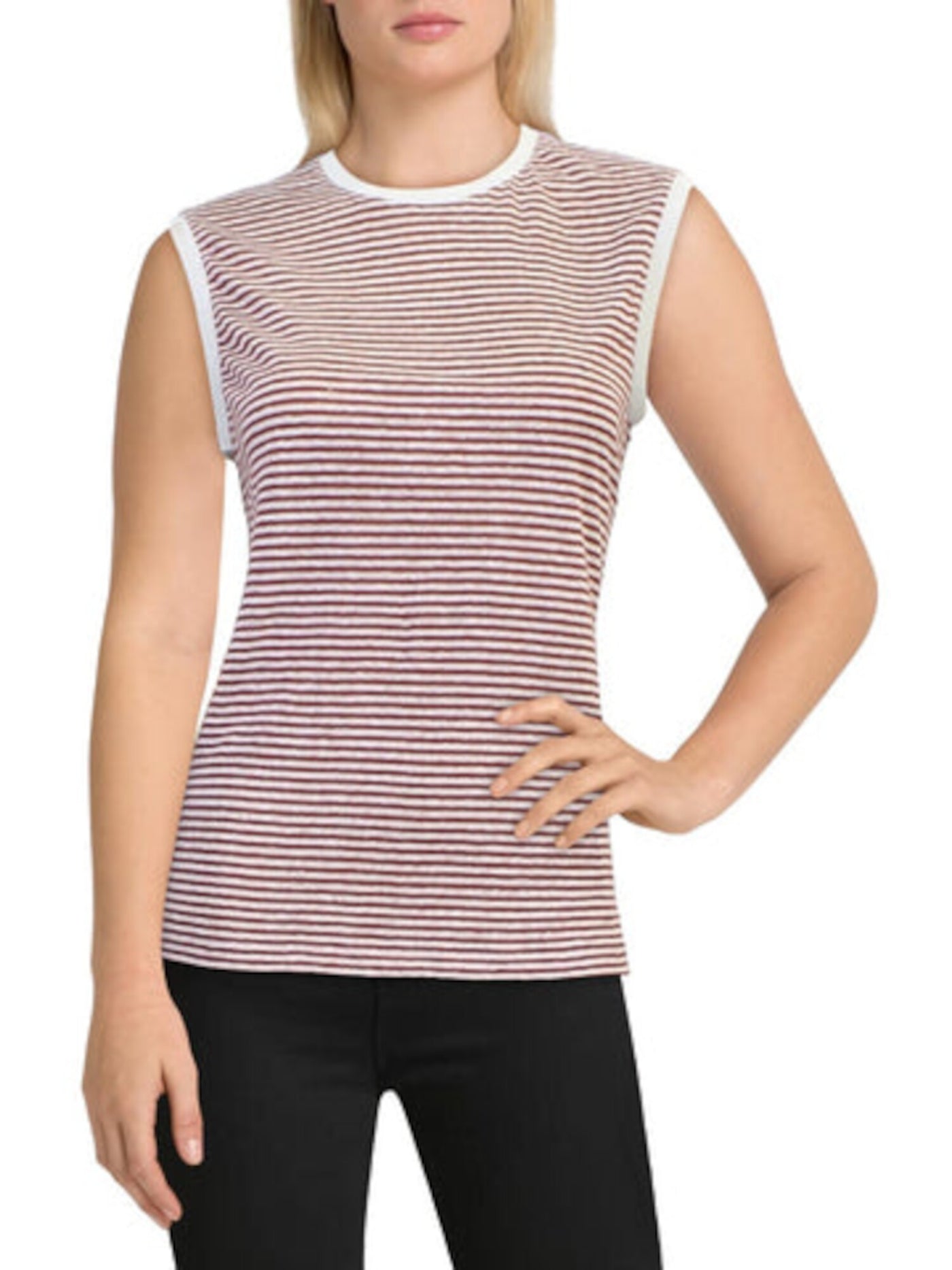 MAXMARA Womens Maroon Striped Sleeveless Crew Neck Tank Top S