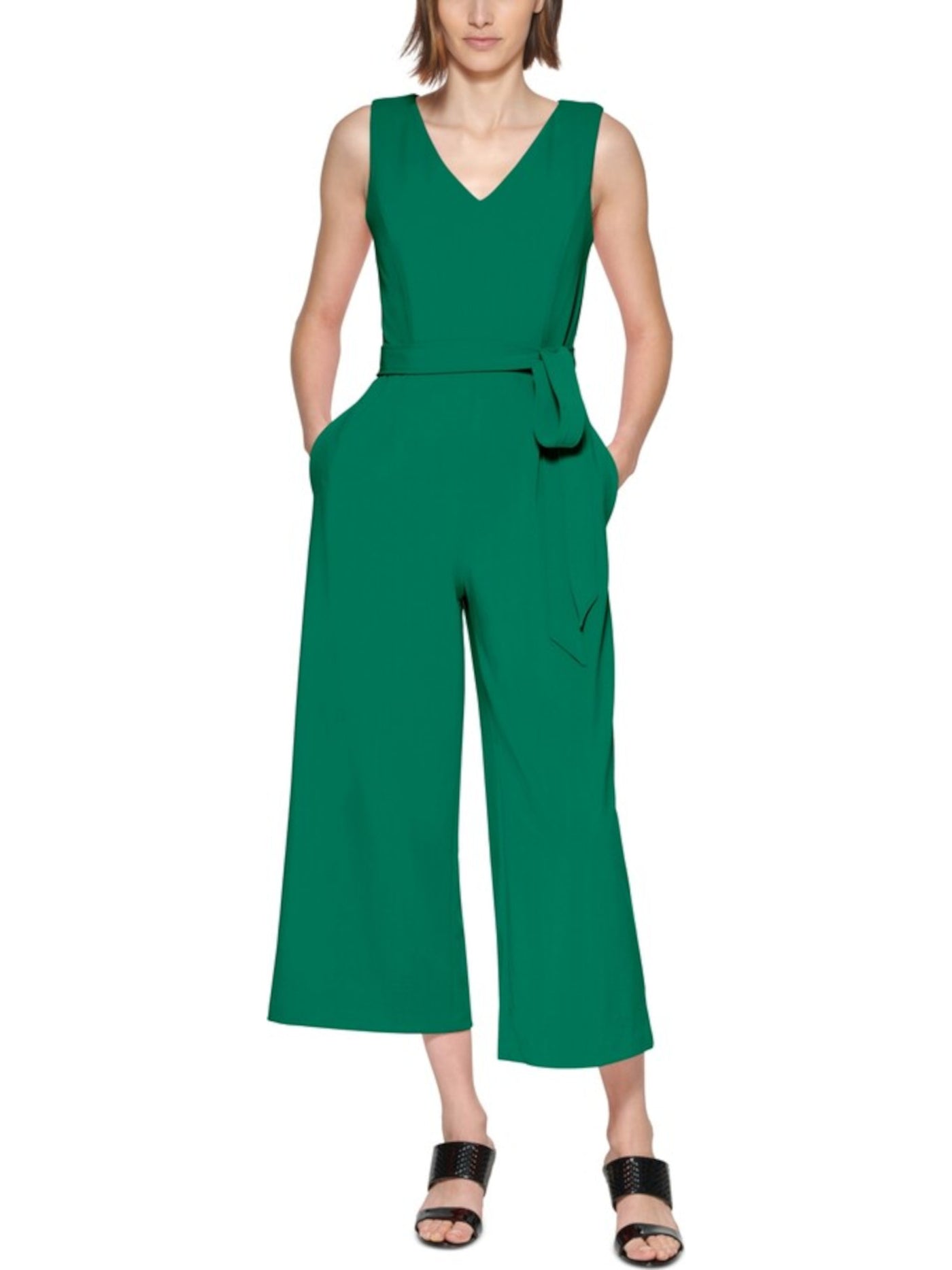 CALVIN KLEIN Womens Green Zippered Pocketed Pleated Tie-belt Cropped Sleeveless V Neck Straight leg Jumpsuit 16