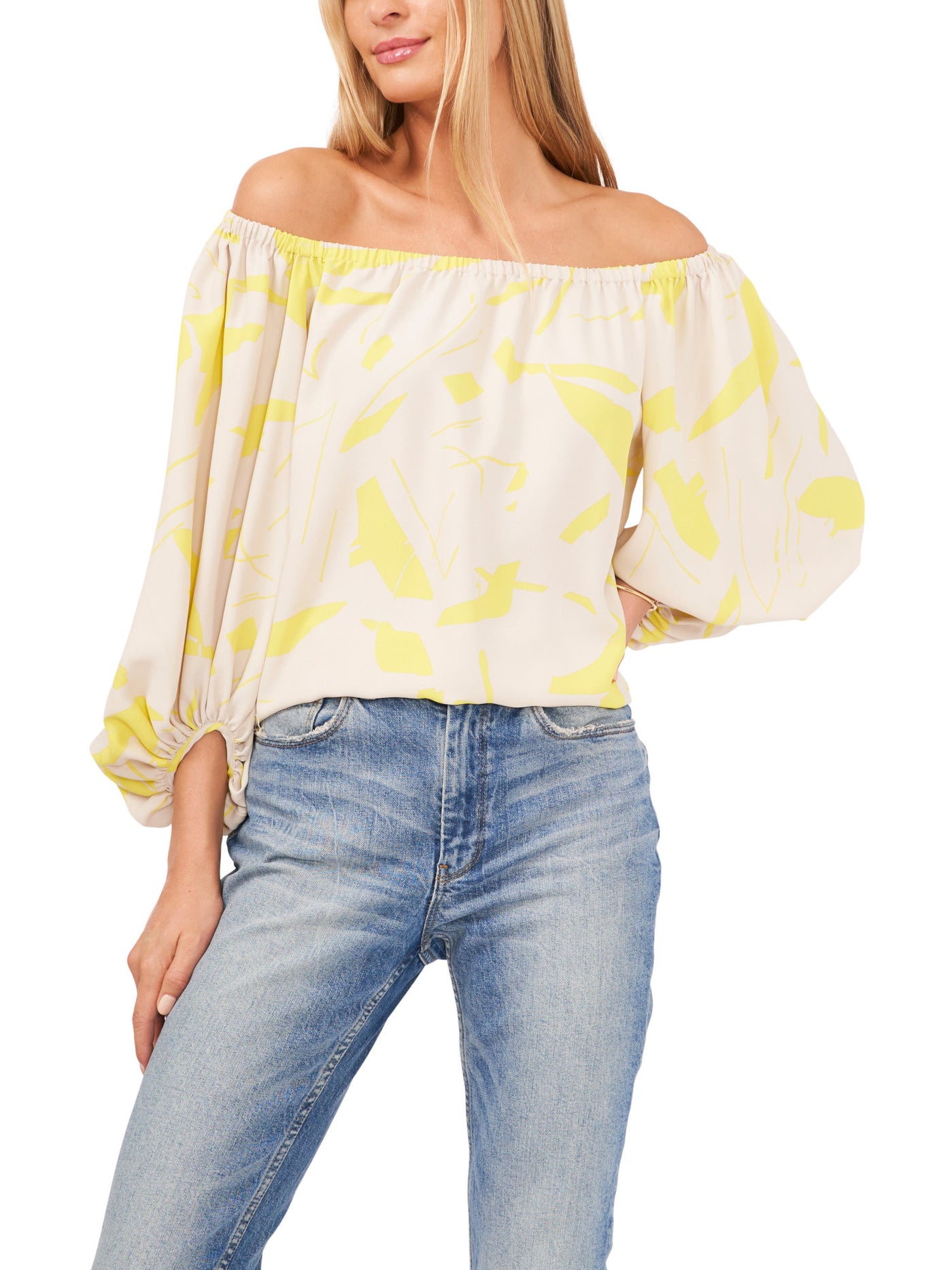 VINCE CAMUTO Womens Beige Printed Balloon Sleeve Off Shoulder Top L