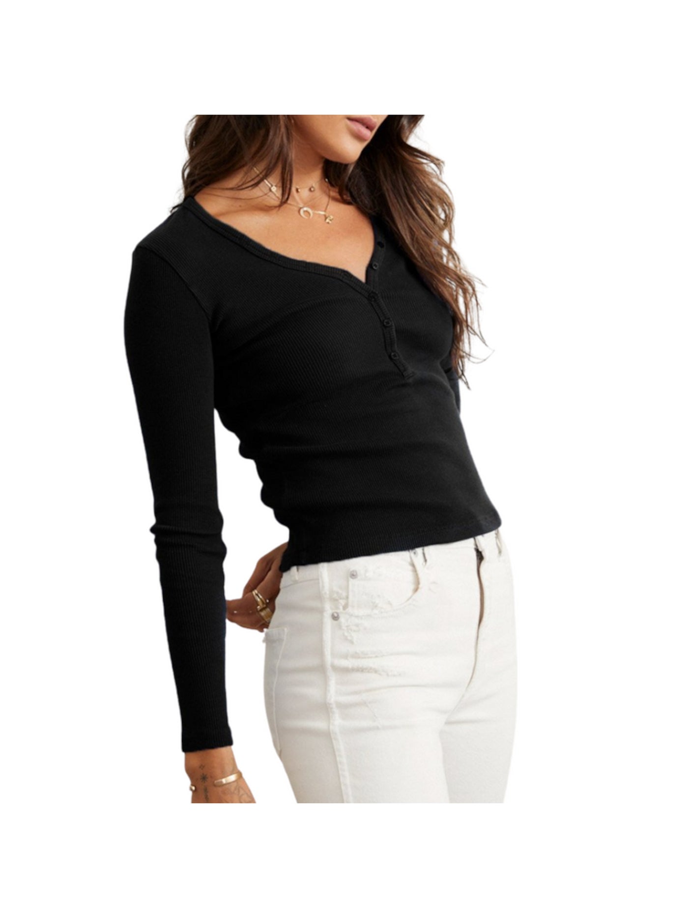 AMO Womens Black Ribbed Slim Fit Henley Long Sleeve V Neck Button Up Top S