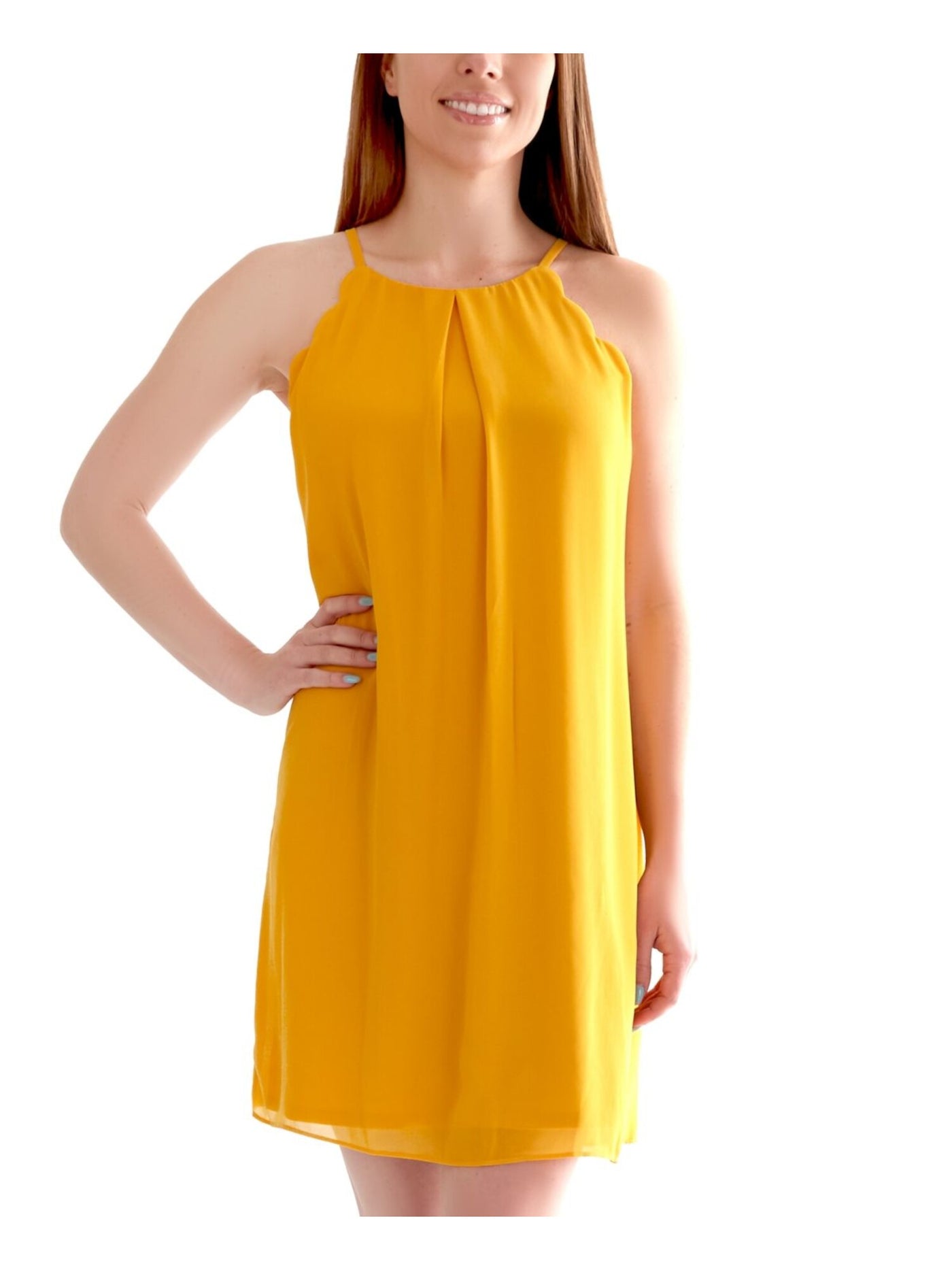 BCX DRESS Womens Gold Scalloped Keyhole-back Sleeveless Halter Short Party Shift Dress S