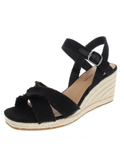 LUCKY BRAND Womens Black Woven 1/2" Platform Frayed Trim Ankle Strap Slingback Jute Adjustable Strap Cushioned Margaline Round Toe Wedge Buckle Espadrille Shoes 7 M