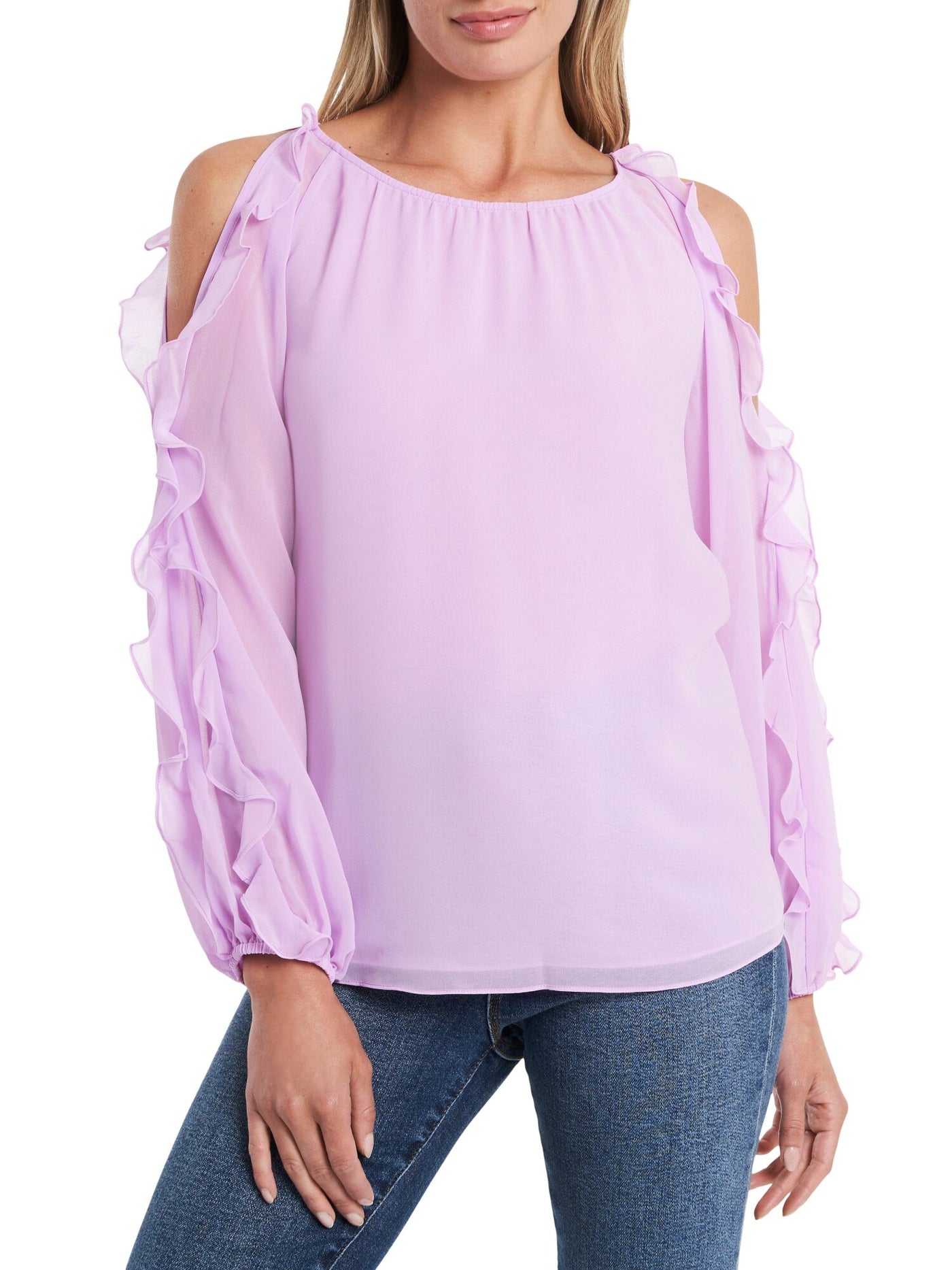 1. STATE Womens Pink Ruffled Cold Shoulder Elasticized Neck And Cuffs Long Sleeve Round Neck Party Blouse S
