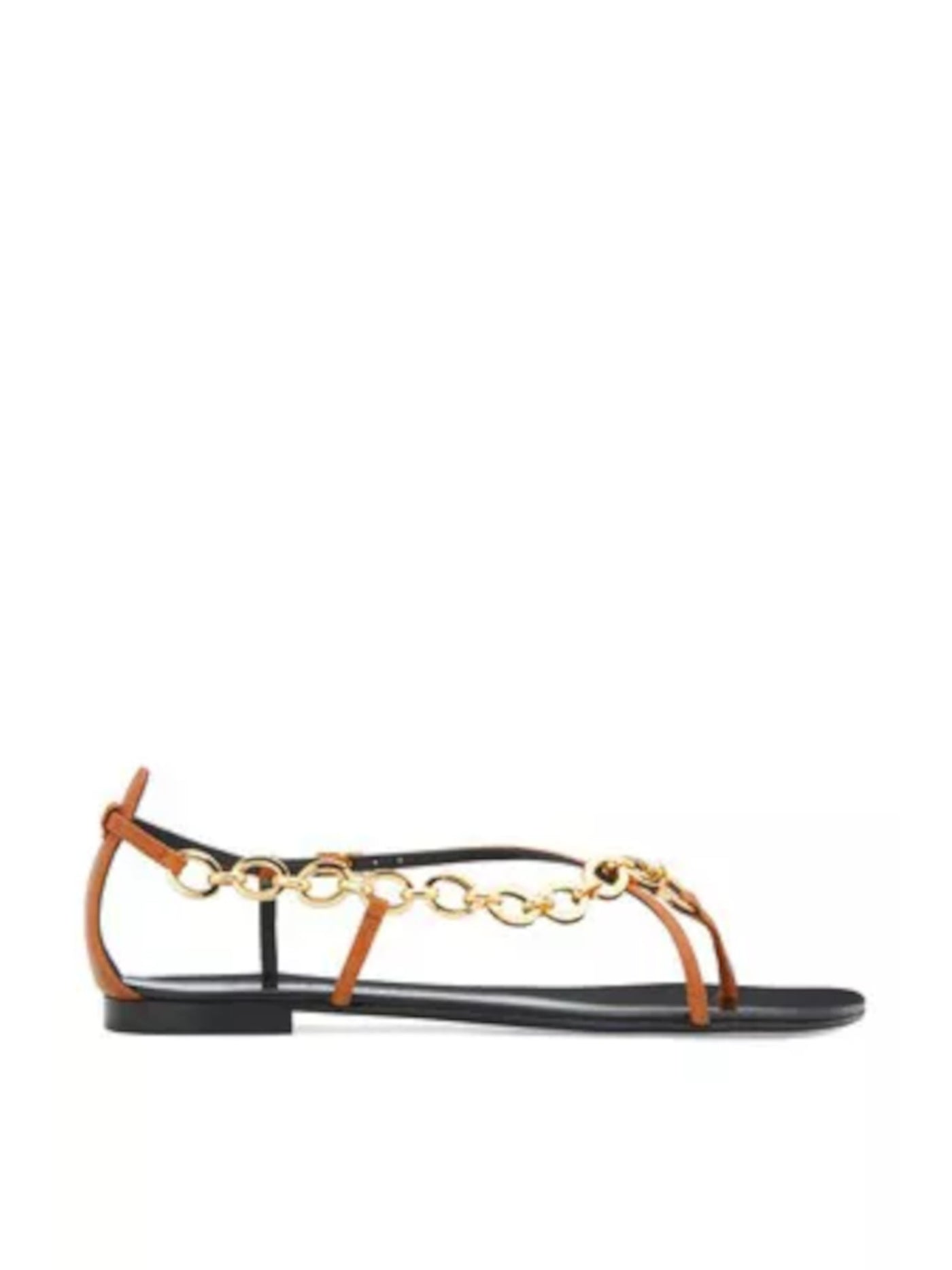 GIUSEPPE ZANOTTI Womens Black Chain Link Detail Crisscross T-Strap Adjustable Strap Krabi Round Toe Buckle Leather Dress Thong Sandals Shoes 38