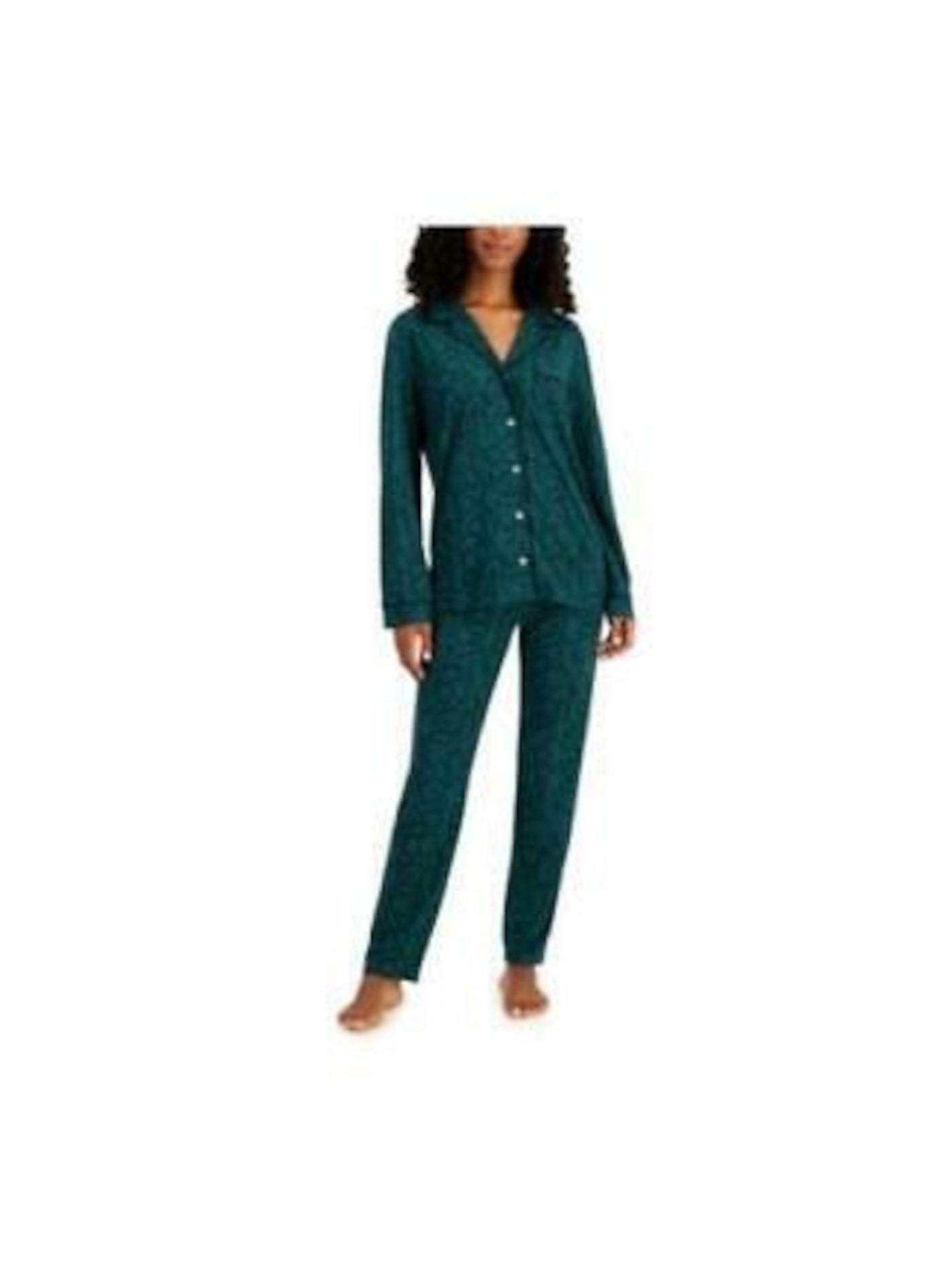 ALFANI Womens Green Elastic Band Long Sleeve Button Up Top Straight leg Pants Pajamas XXL
