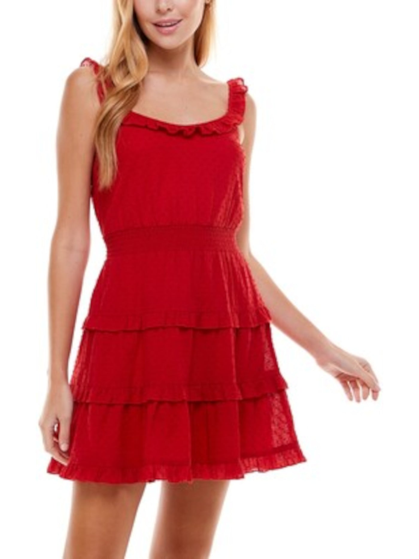 CITY STUDIO Womens Red Stretch Ruffled Smocked Tiered Skirt Sleeveless Scoop Neck Short Party Fit + Flare Dress XL