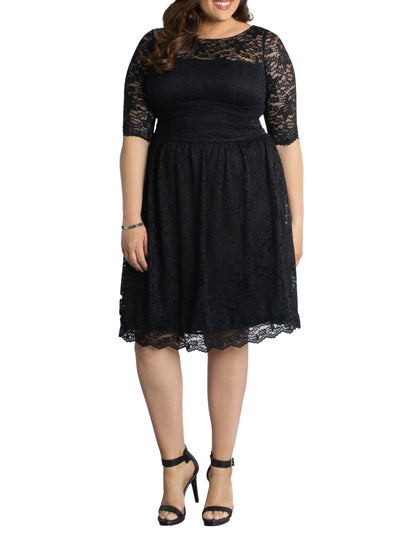 KIYONNA Womens Black Lace 3/4 Sleeve Boat Neck Knee Length Evening A-Line Dress Plus 1X