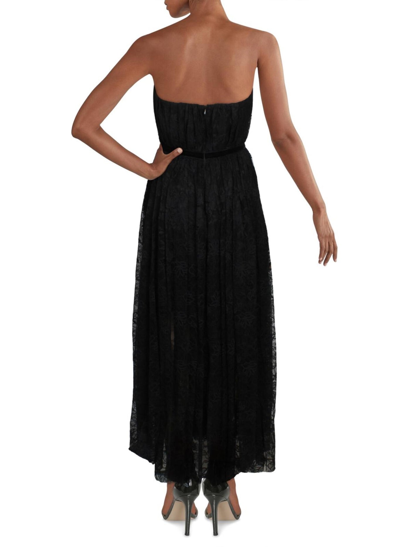 SAU LEE Womens Black Stretch Lace Zippered Pleated Spaghetti Strap Sweetheart Neckline Midi Evening Fit + Flare Dress 4