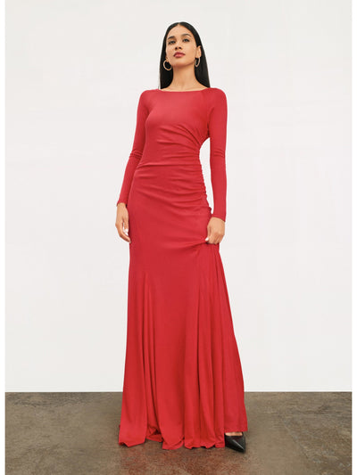 DONNA KARAN NEW YORK Womens Red Zippered Ruched Deep V-back Lined Boat Neck Full-Length Evening Gown Dress 2