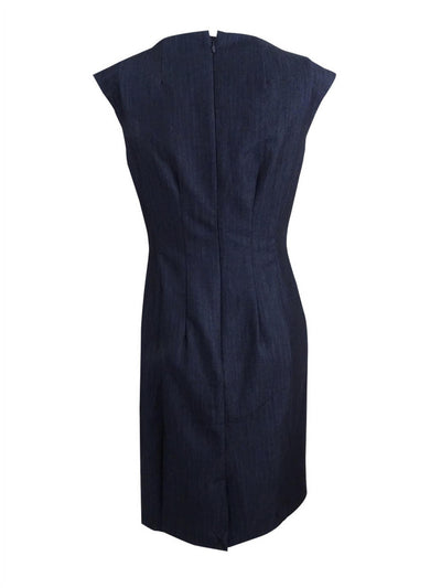 CALVIN KLEIN Womens Blue Embellished Zippered Pocketed Darted Heather Sleeveless Round Neck Short Wear To Work Sheath Dress 10