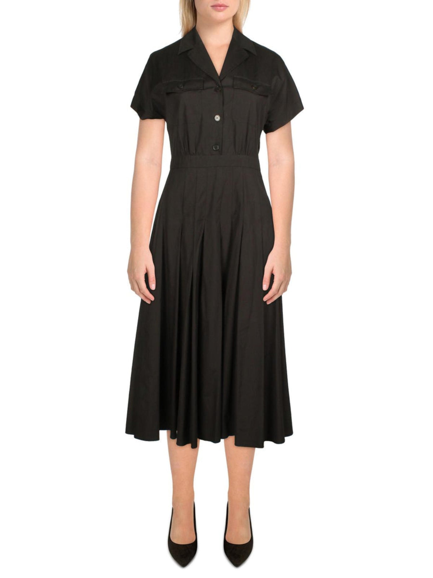 MAXMARA Womens Black Pocketed Pleated Unlined Button Front Dolman Sleeve Collared Midi Fit + Flare Dress 4