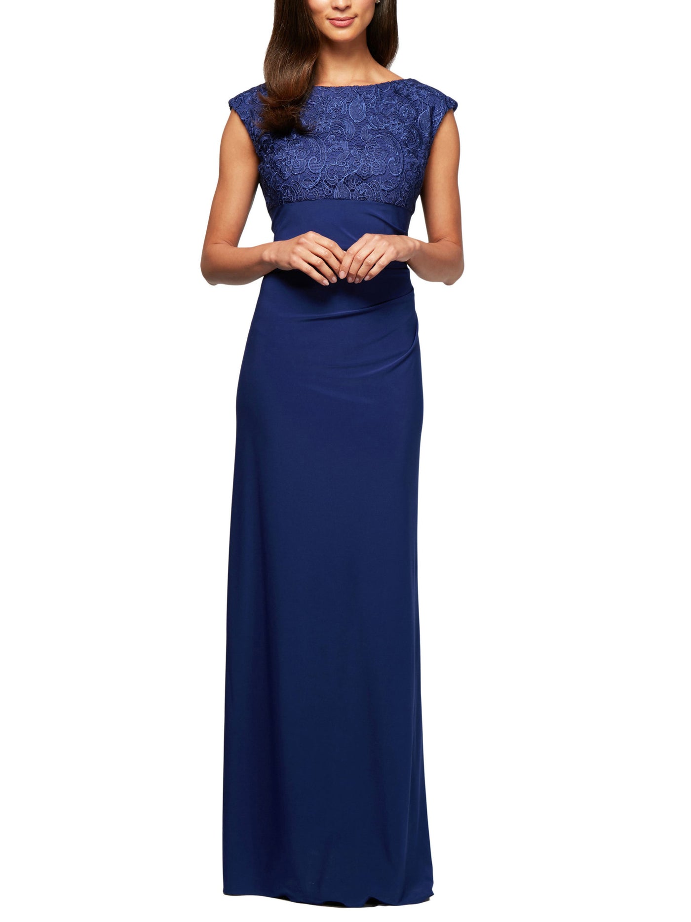 ALEX EVENINGS PETITE Womens Blue Stretch Zippered Ruched Column Cowl-back Gown Cap Sleeve Boat Neck Full-Length Formal Dress Petites 14P