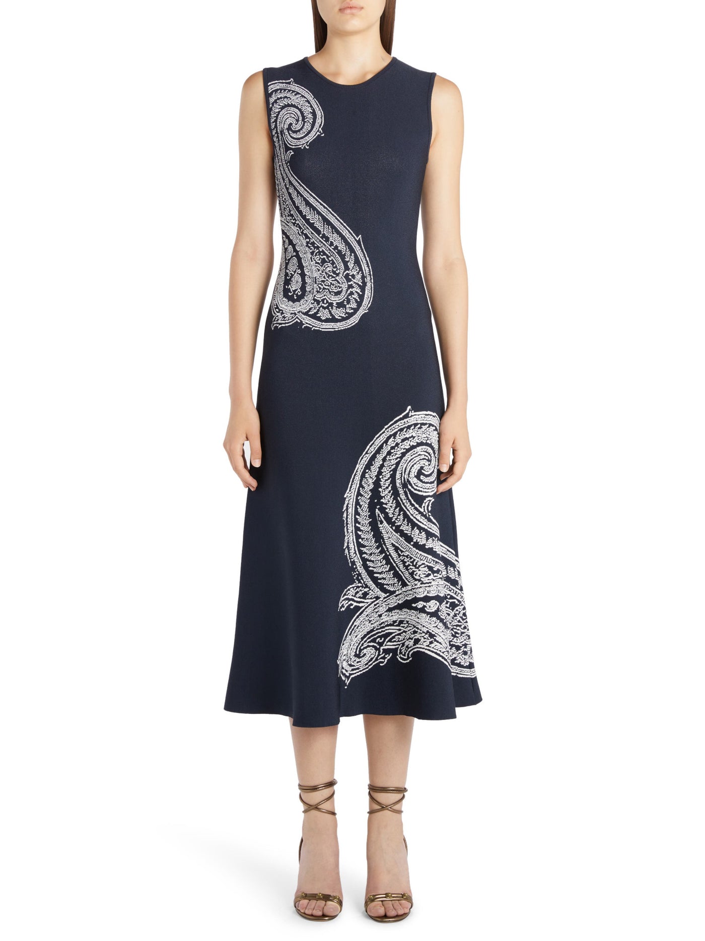 ETRO Womens Navy Paisley Sleeveless Jewel Neck Midi Wear To Work Fit + Flare Dress 38