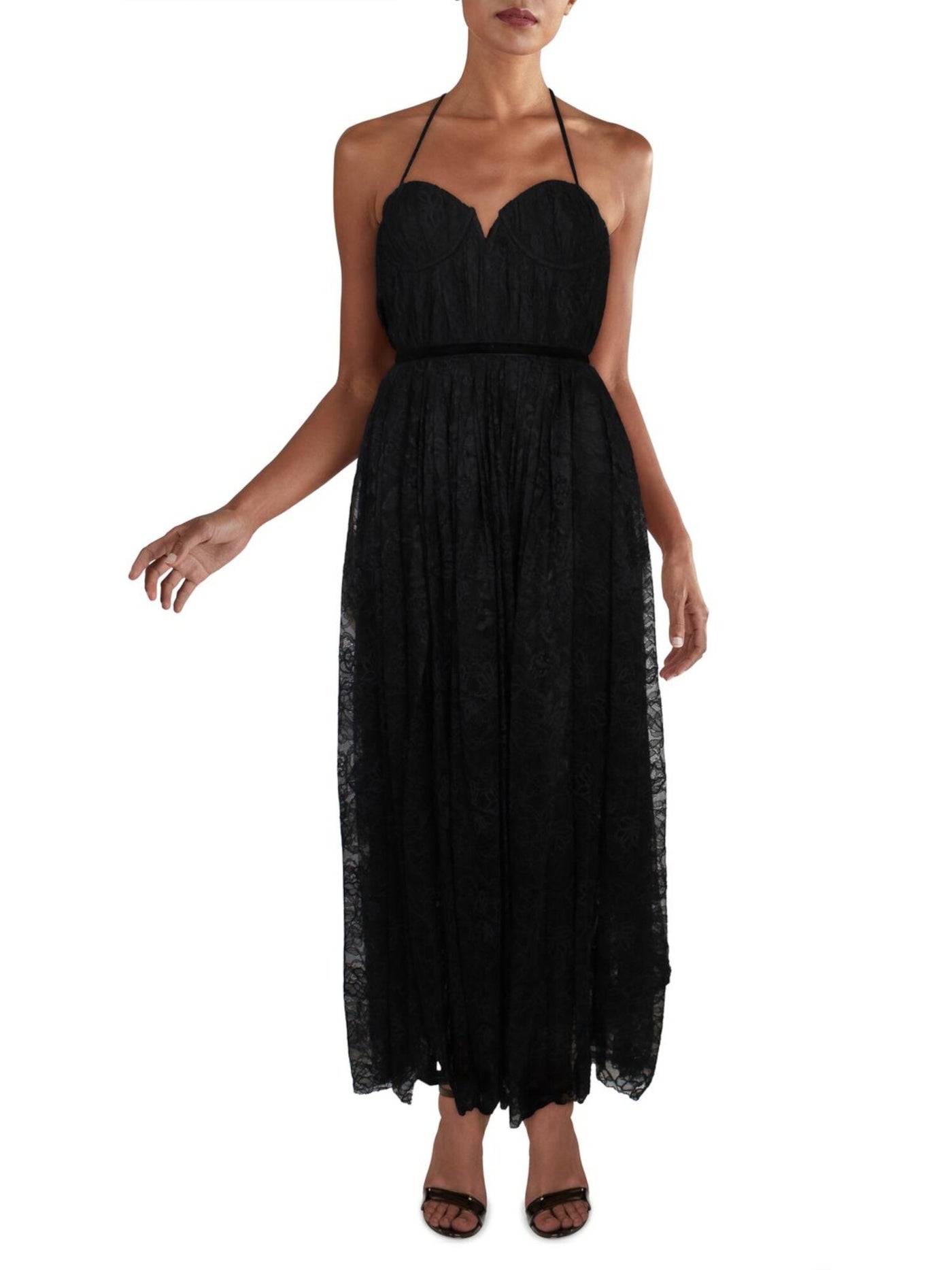 SAU LEE Womens Black Stretch Lace Zippered Pleated Spaghetti Strap Sweetheart Neckline Midi Evening Fit + Flare Dress 0